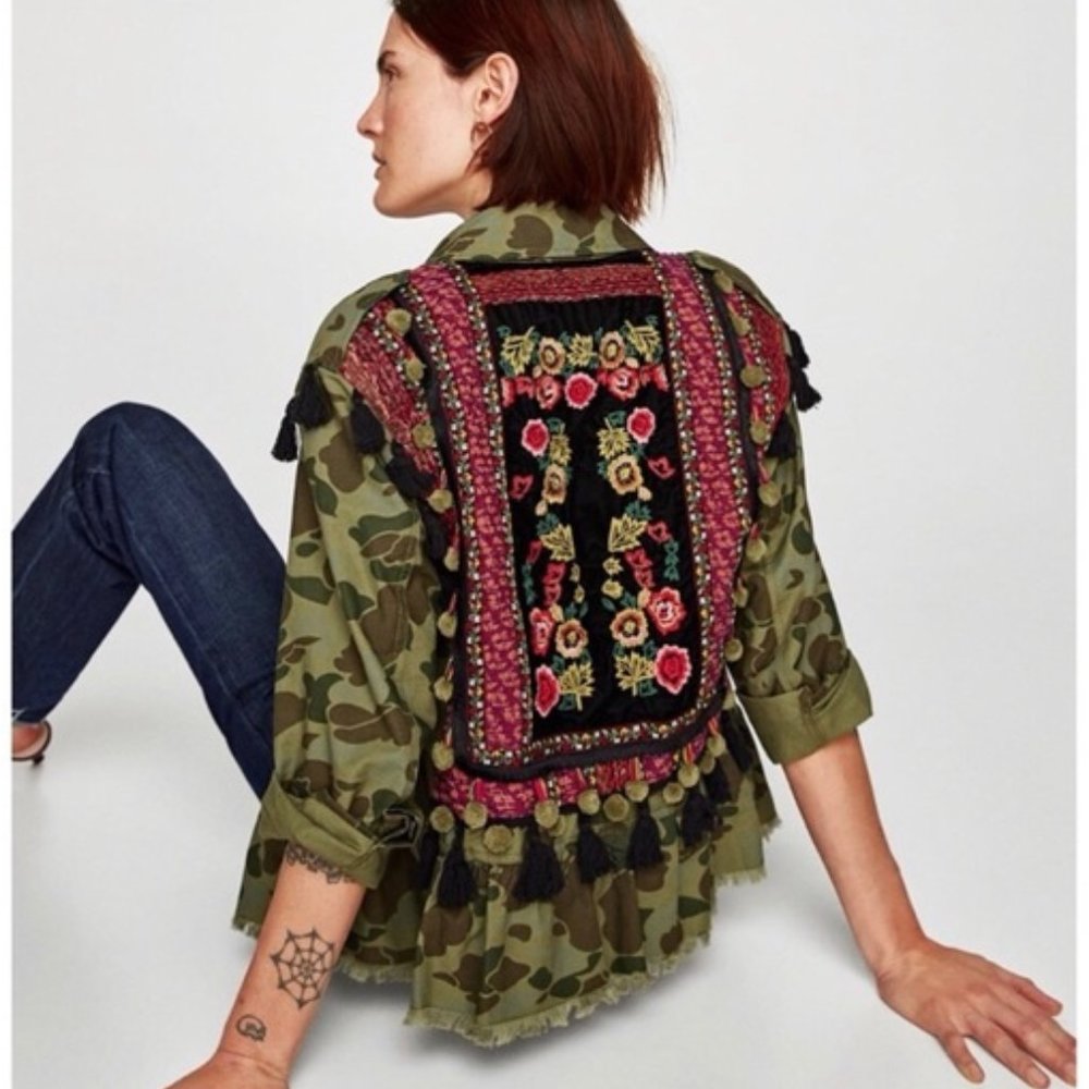 NWOT Zara Camo Embroidered Pom Pom Jacket